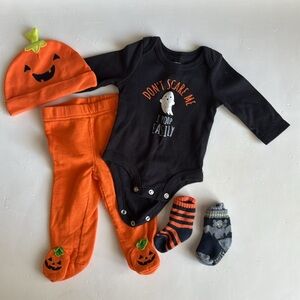 Halloween 3 pc set Bodysuit Shirt, Orange Pants, 2 Socks, and Pumpkin Hat 0-3 mo